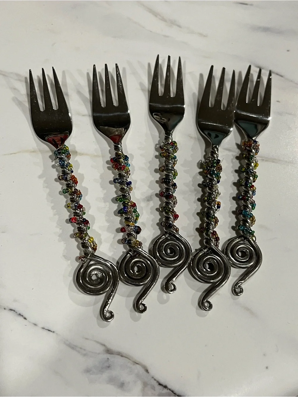 Multicolor Beaded Spiral Handle Dessert Forks - Set of 5